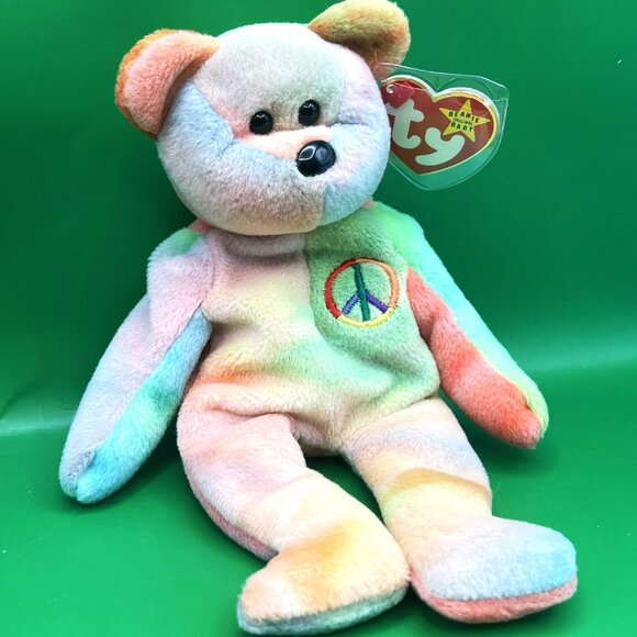 VTG TY Beanie Baby PEACE Bear 1996 Style 4053 Rainbow Tie-Dye MWMT Beanbag Plush - Picture 1 of 9
